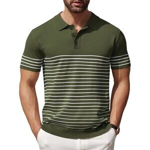 Mens Striped Polo Shirt Short Sleeve Knit Casual Slim Fit Golf Top Army Green